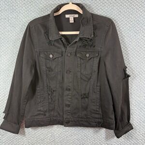 Refuge‎ Distressed Black Jean Jacket M Biker Y2K Bella Swan Grunge Streetwear